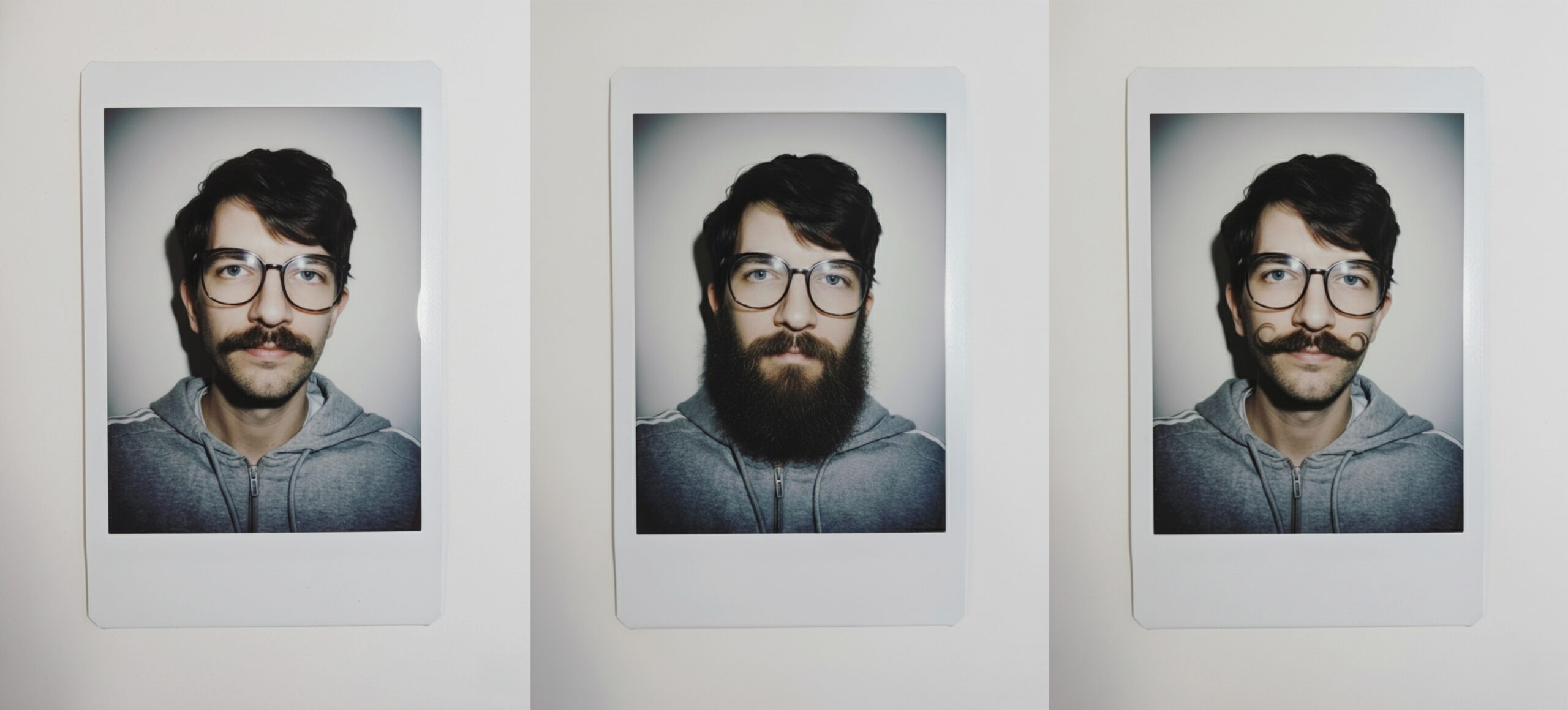 Ein Bart für den guten Zweck: Googles Movember-Kampagne mit Hilfe von KI-Tool Gemini Drei KI-generierte Polaroidfotos zeigen denselben Mann mit unterschiedlichen Bärten – vom schmalen Schnurrbart über Vollbart bis zum gezwirbelten Oberlippenbart. Symbolbild für Googles Movember-Aktion mit Google Gemini.